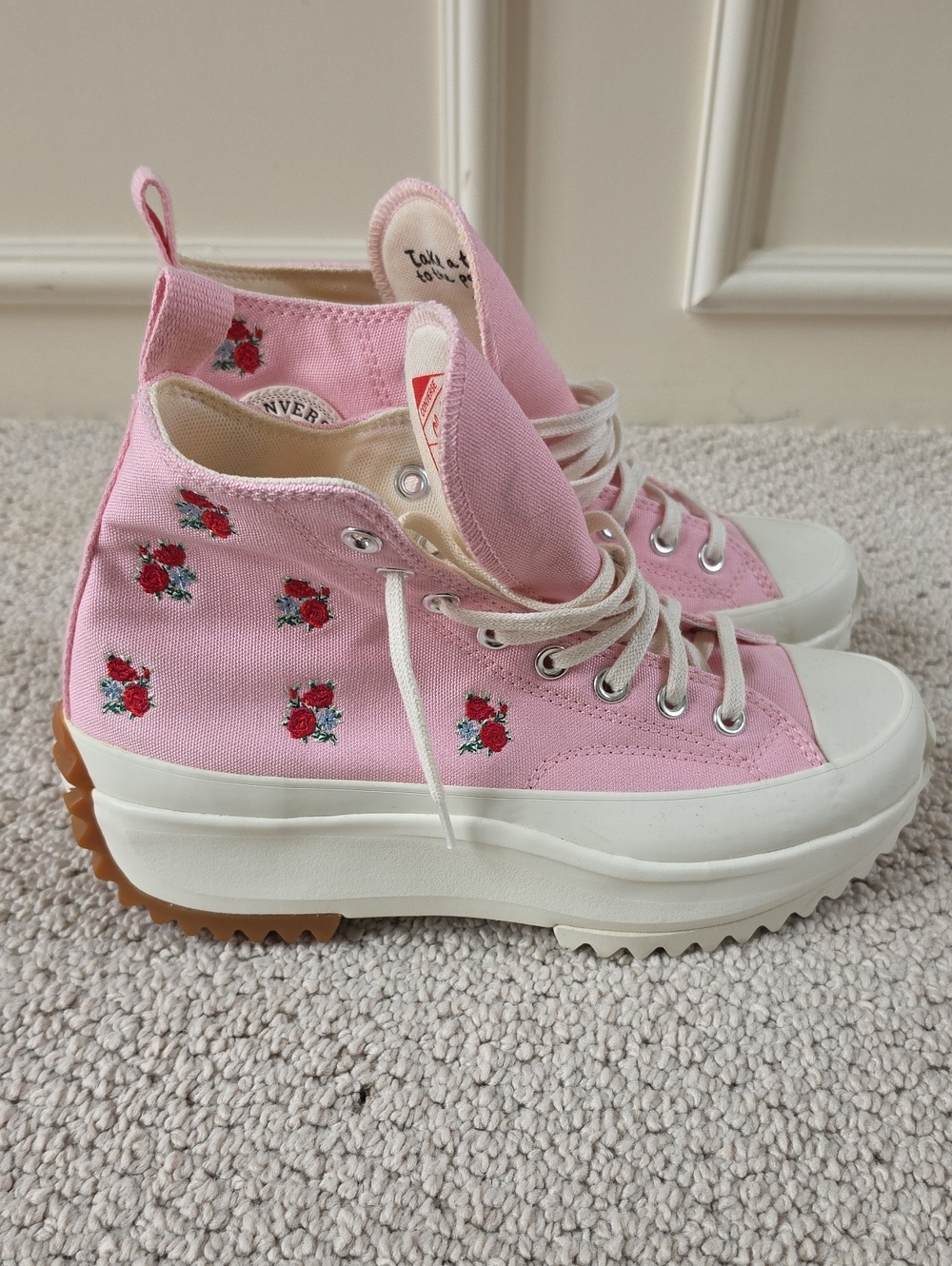 Pink Embroidered Floral High-Top Platform Sneakers